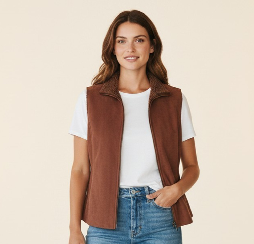 Lands End Vest Faux Suede Sherpa Lined Brown Full Zip MED Womens Western Cowgirl